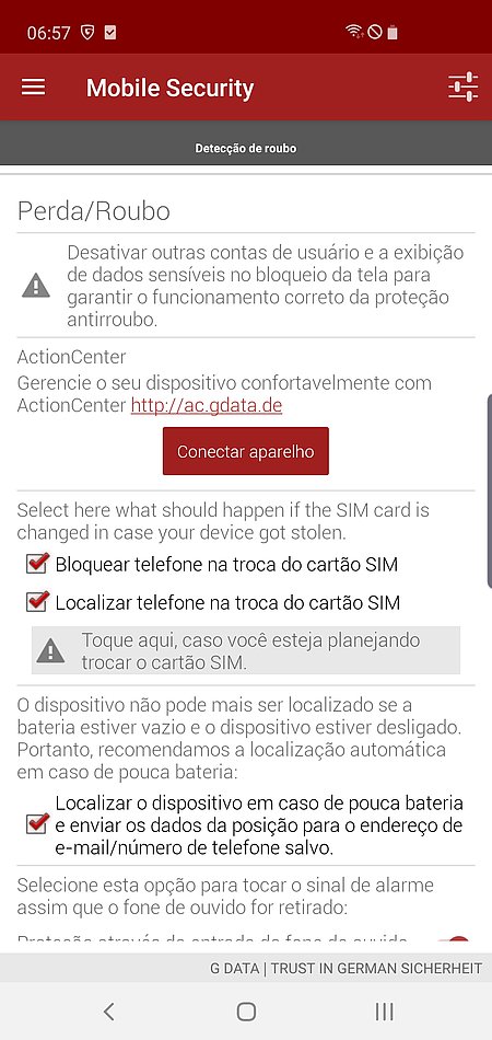 Captura de tela G DATA Mobile Security Android – Deteccao de roubo