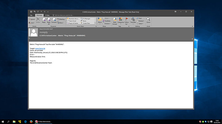 Captura de tela do G DATA ActionCenter – Alarme de e-mail