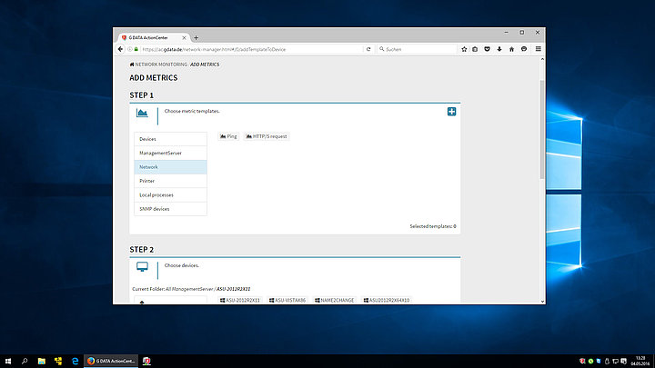Captura de tela do G DATA ActionCenter – Adicionar métricas