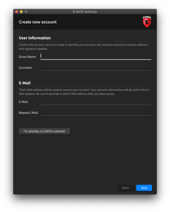 G DATA Antivirus Mac: Nova Conta