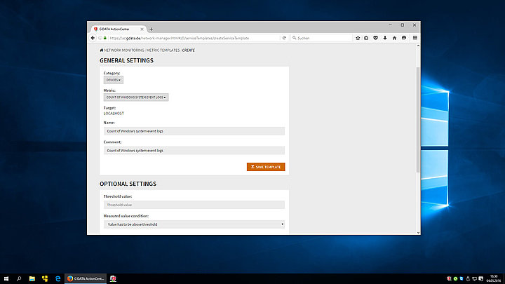 Captura de tela do G DATA ActionCenter – Criar modelos para métricas